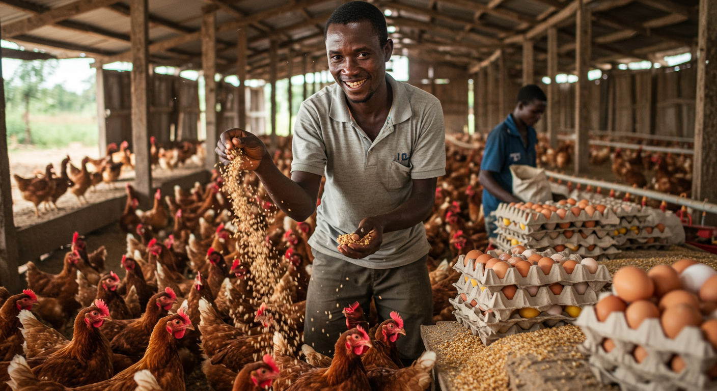 Man wearing a straw hat and blue shirt feeding chickens inside a rustic chicken coop with eggs in the foreground
