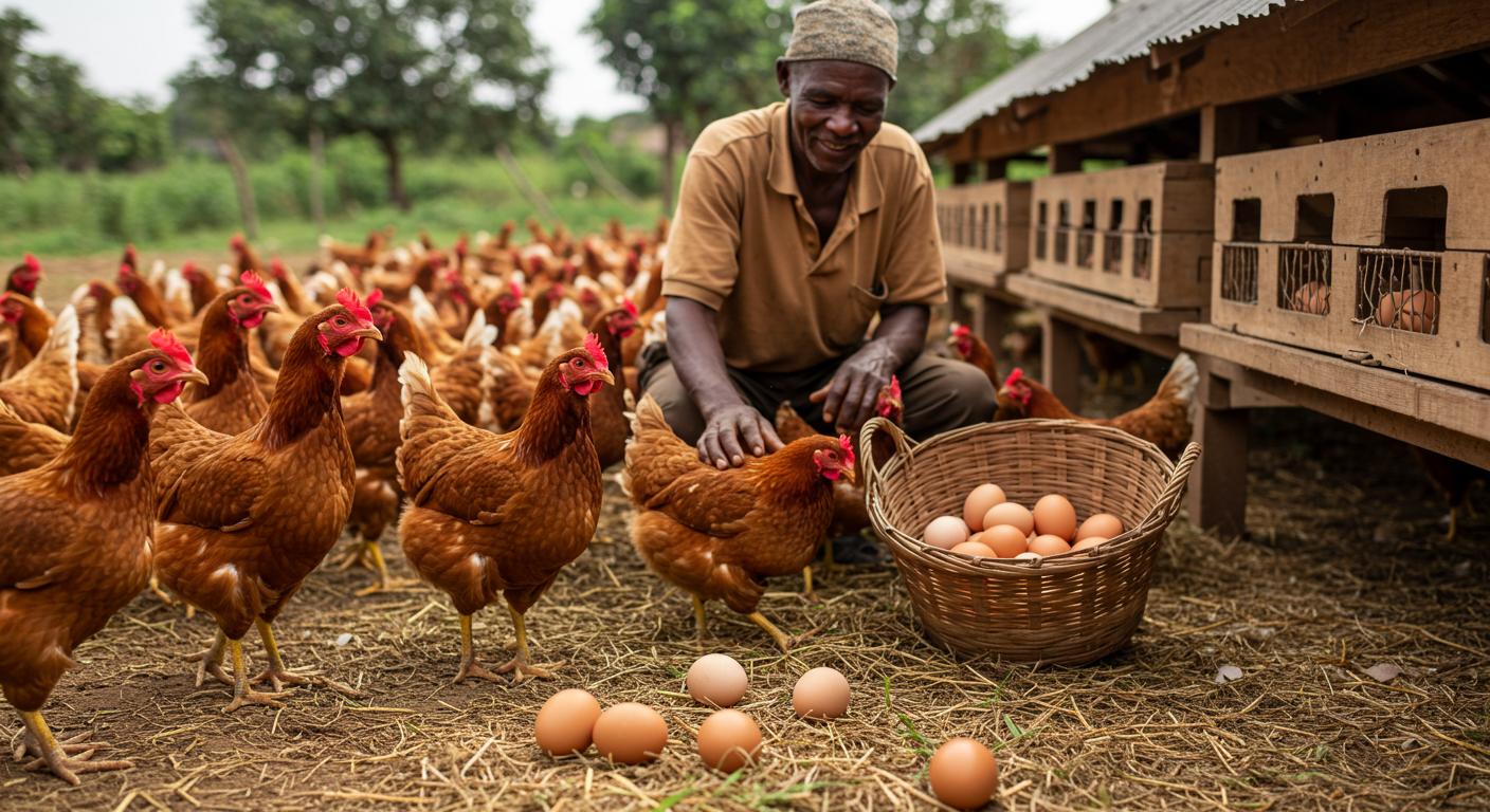 Smiling man in blue shirt feeding chickens in a rustic farm setting with eggs in foreground and window showing greenery outside