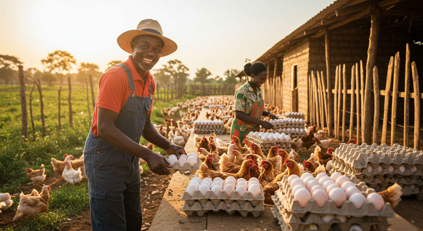 Smiling man in blue shirt feeding chickens in a rustic farm setting with eggs in foreground and window showing greenery outside
