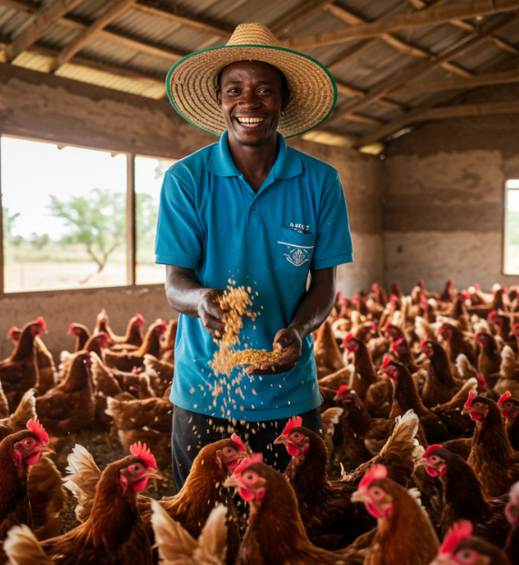 Man wearing a straw hat and blue shirt feeding chickens inside a rustic chicken coop with eggs in the foreground